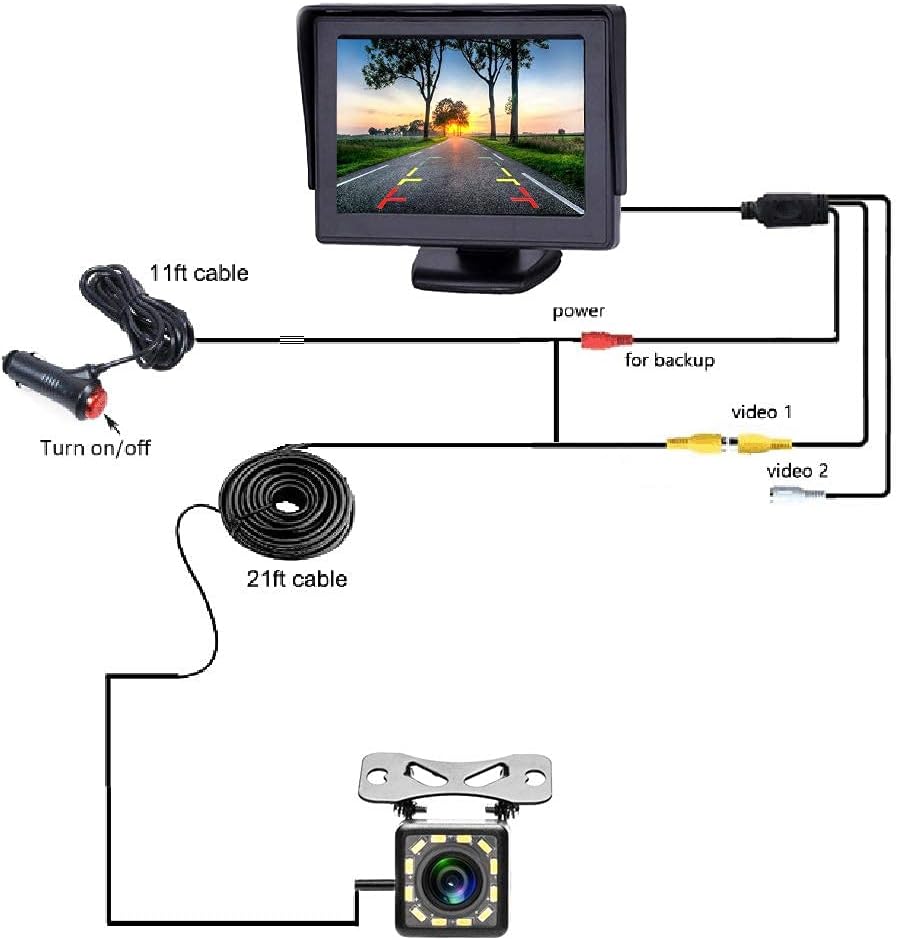 Backup Camera 4.3 Inch HD 720P Car Backup Camera for Cars,Trucks,Pickups,Suvs Easy Installation Waterproof Night Vision 12 LED Rear Backup Camera One Power System Reverse/Continuous Use Grid Lines