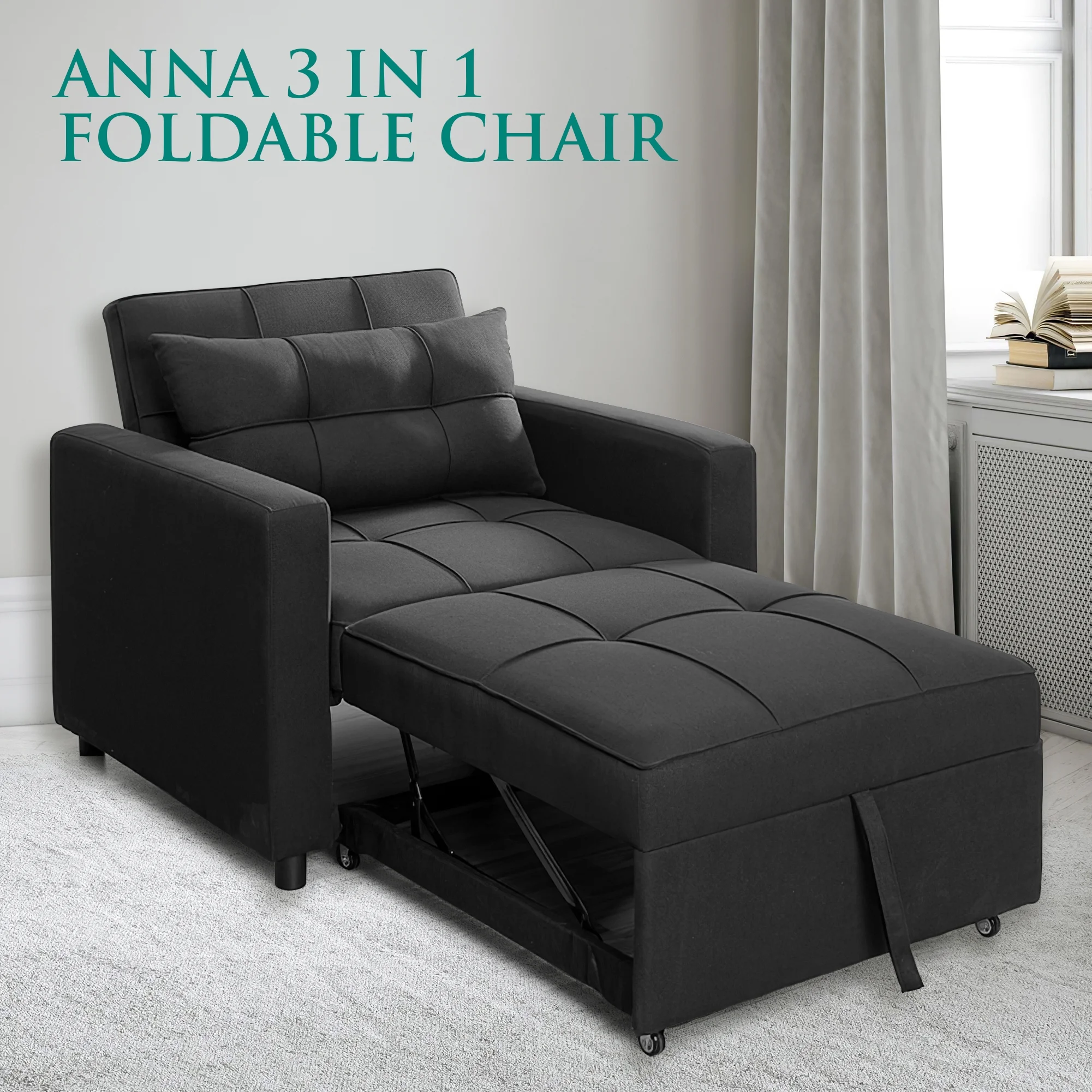 Anna 3 in 1 Convertible Chair Bed Sleeper, Pull Out Sofa Bed, Pull Out Couch, Sleeper Chair with with Pillow, Pull Out Bed with Adjustable Backrest Living Room - Black