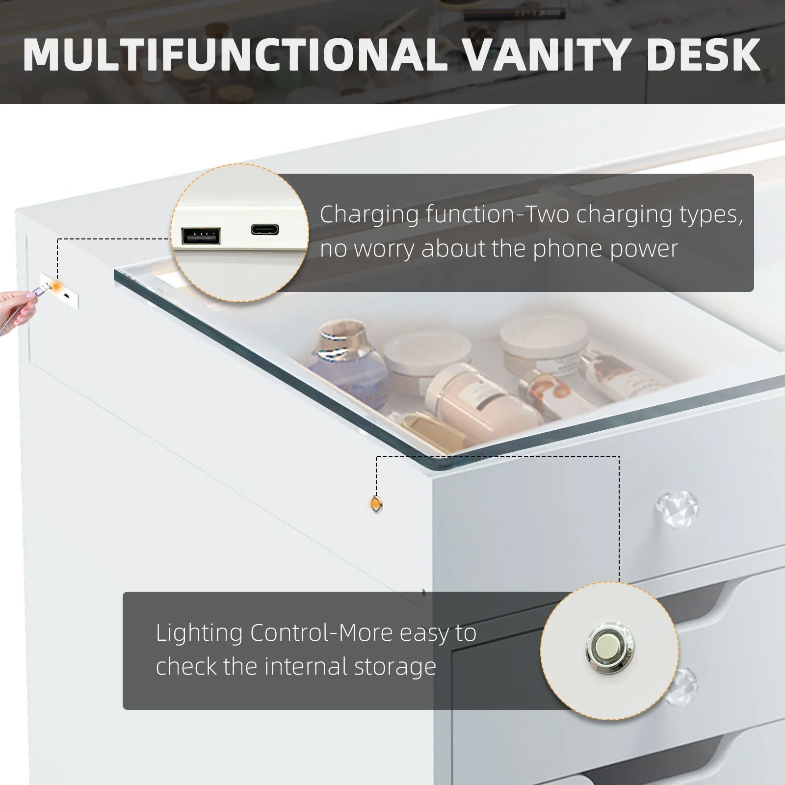 VANITII 13 Drawers Modern Makeup Vanity Table Desk with Lights Charging Port Stainless, for Bedroom