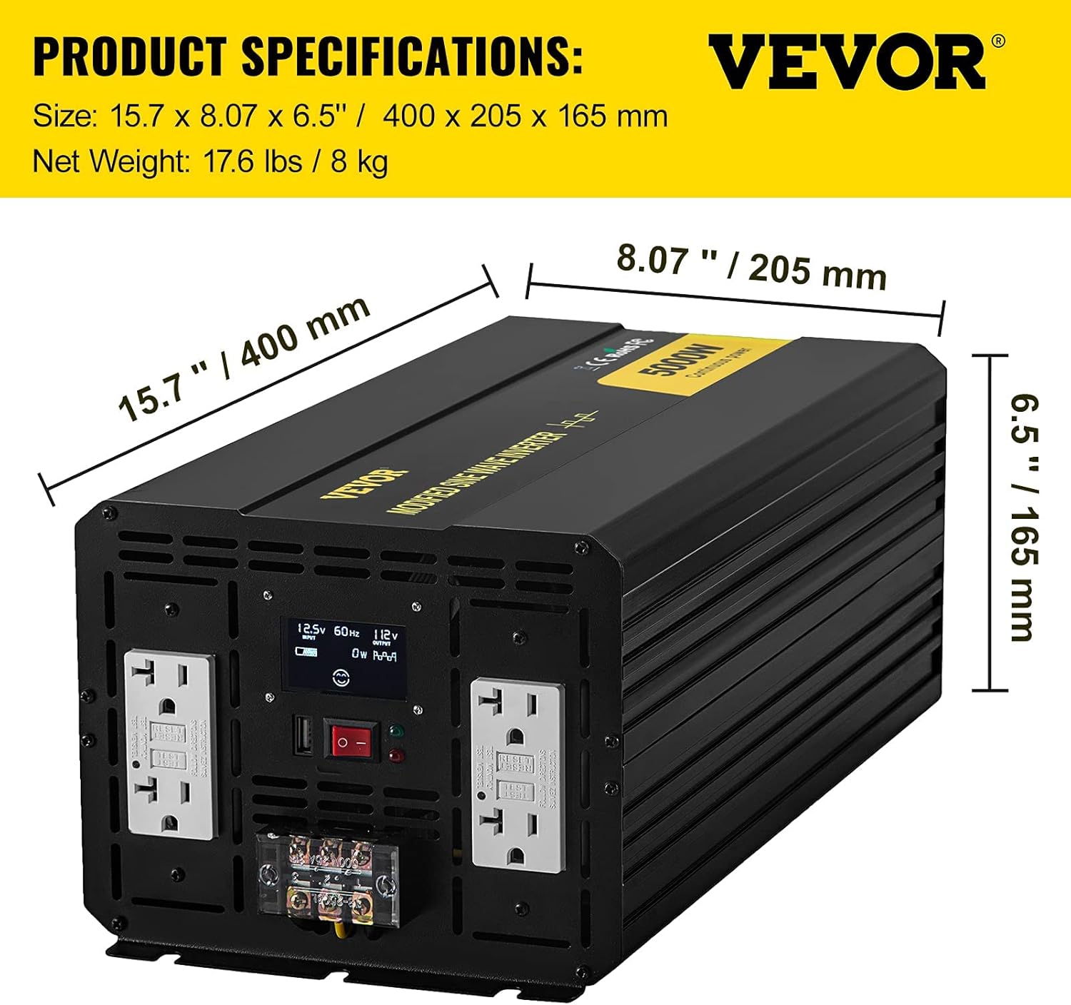 VEVOR Power Inverter, 5000W Modified Sine Wave Inverter, DC 12V to AC 110V Car Converter, with LCD Display, Remote Controller, LED Indicator, GFCI Outlets Inverter for Truck RV Car Boat Travel Camping
