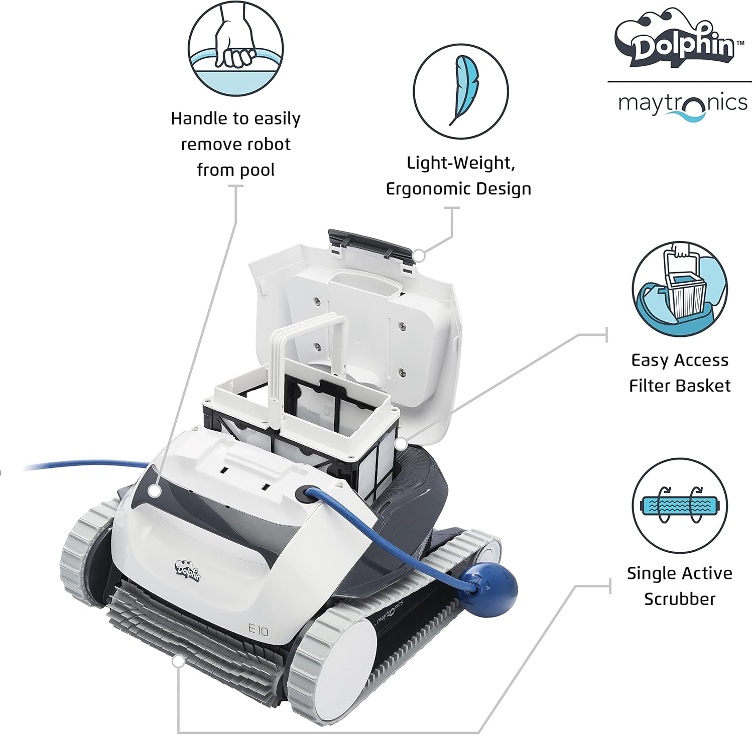 Dolphin E10 Robotic Pool [Vacuum] Cleaner - Ideal for Above Ground Swimming Pools up to 30 Feet - Powerful Suction to Pick up Small Debris - Easy to Clean Top Load Filter Basket