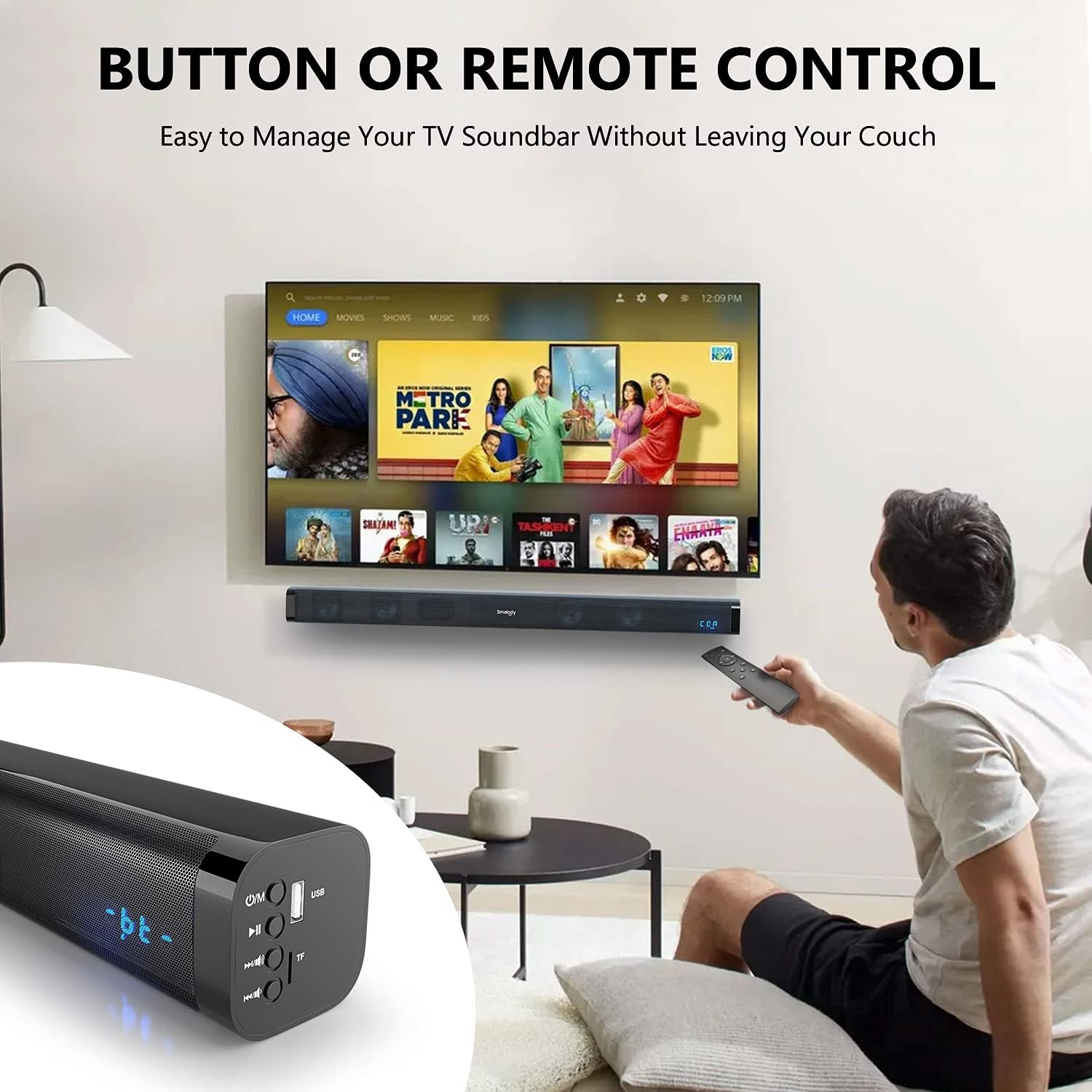 Smalody Soundbar, 31 Inch Sound Bar for TV with LED Display, Home Theater System - Connects to Bluetooth, Optical, Coaxial, AUX Input, Connection