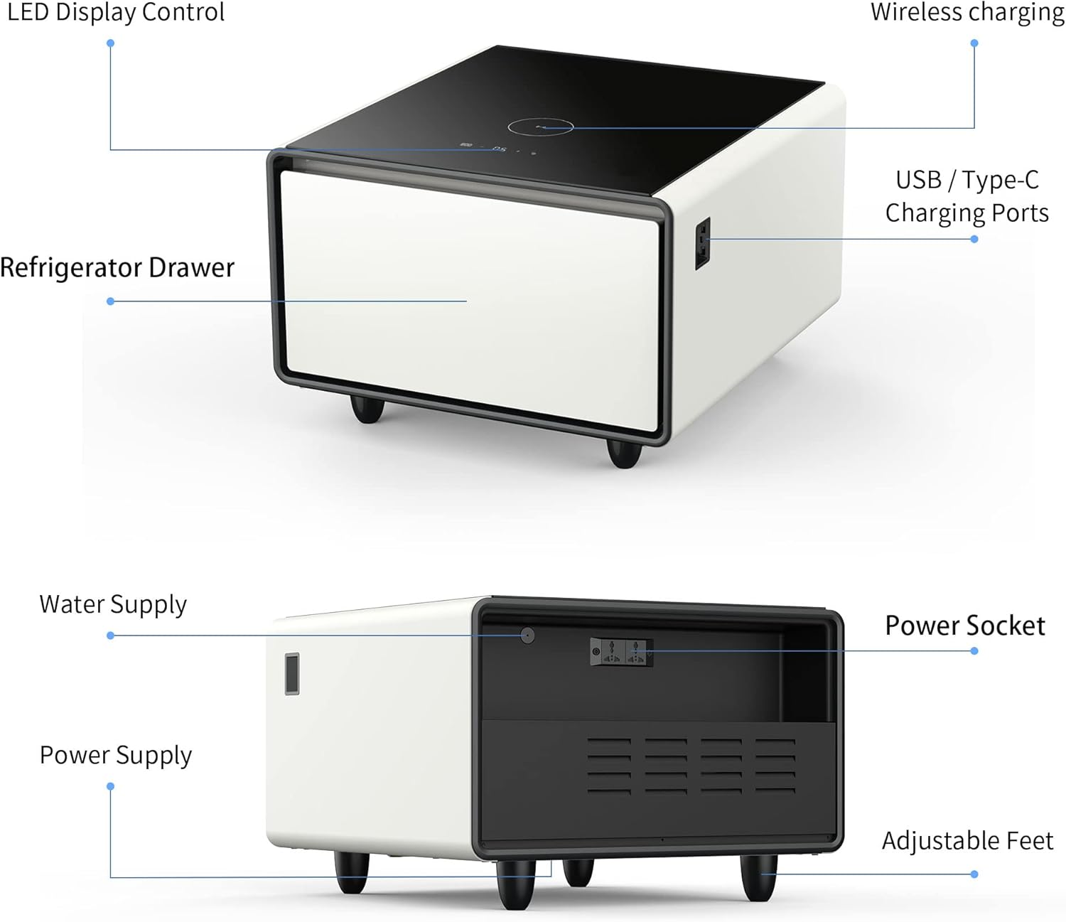 Modern Smart Side Built-in Fridge Coffee Table, White