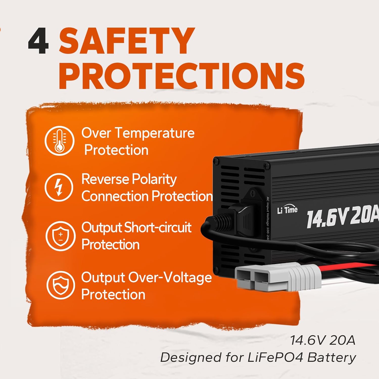 LiTime LiFePO4 Battery Charger 12V 20A, 14.6V Lithium LiFePO4 Batteries Charger AC-DC for Lithium LiFePO4 Deep Cycle Rechargeable Batteries
