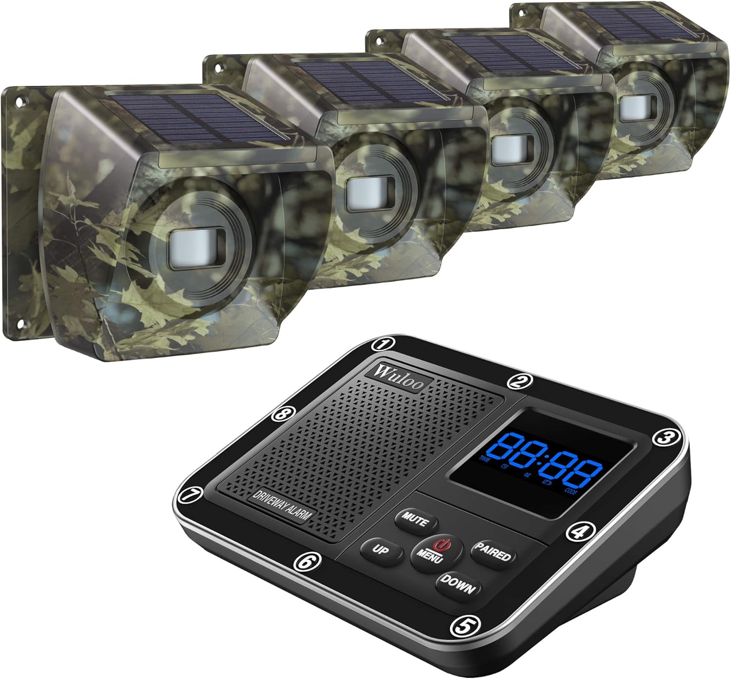 Solar Driveway Alarm Wireless Outside 1800ft Range, Outdoor Motion Sensor & Detector Driveway Alert System with Rechargeable Battery/Weatherproof/Mute Mode (1&2-Camouflage)