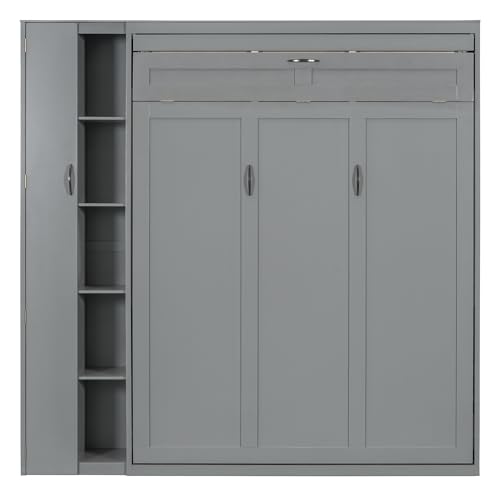 Harper & Bright Designs Queen Size Murphy Bed Wall Bed with Storage Shelves, Wardrobe and LED Lights, Space-Saving for Multipurpose Guest Room or Home Office, Gray