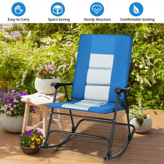 Goplus Foldable Rocking Padded Chair Portable Camping Chair with BACKREST Armrest Blue