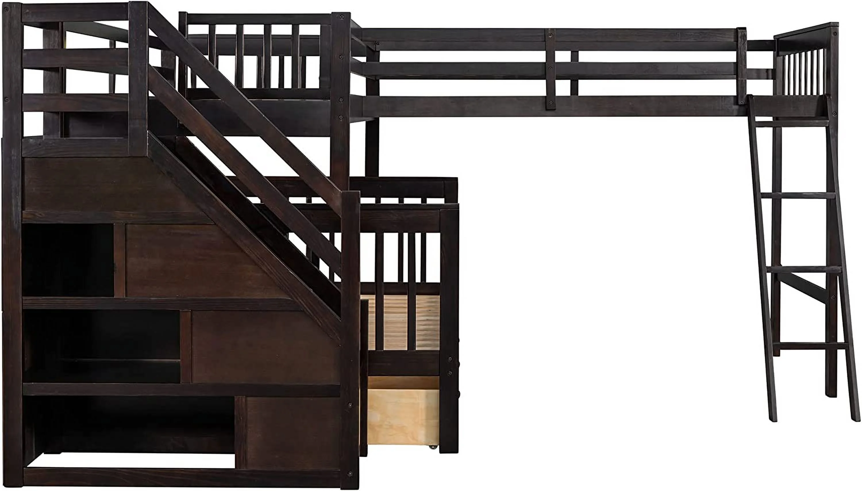 Twin Over Full L-Shaped Triple Bunk Bed for Kids, Wooden Corner Bunk Bed with 3 Storage Drawers Attached a Twin Loft Bed,Bunk Beds with Stairs and Ladder for Boys Girls Teens,Espresso