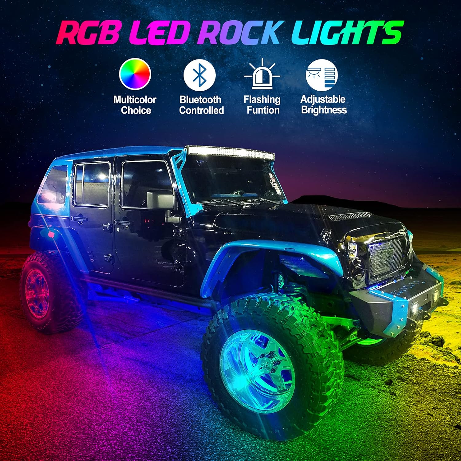 AMONLY RGBW Led Rock Lights Kit, Multicolor Underglow Waterproof Neon Lights With APP Control Timing Function Flashing Music Mode Exterior Light Compatible with Jeep Off Road Car Truck ATV UTV, 4 Pods