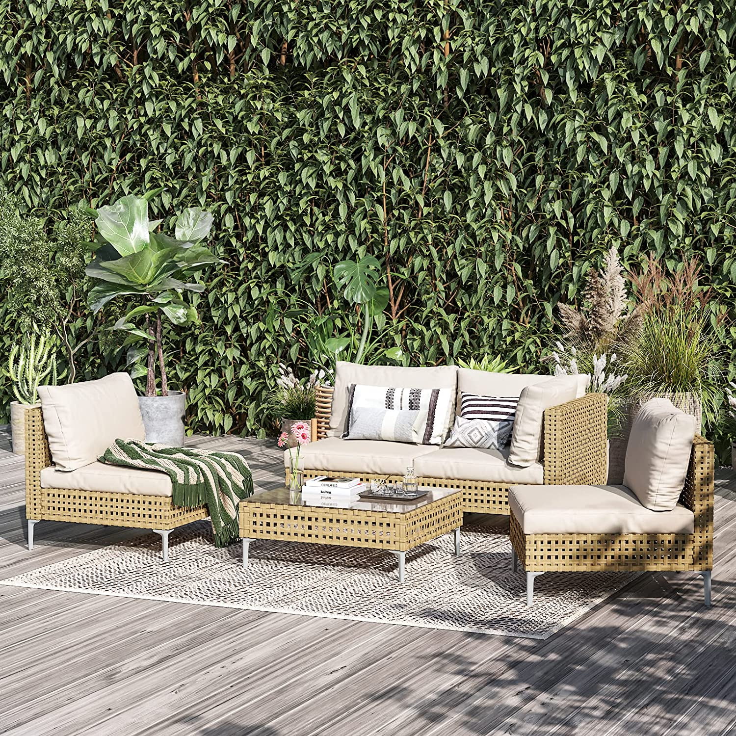 Grand Patio 7-Piece Wicker Patio Furniture Set, All-Weather Outdoor Conversation Set Sectional Sofa with Water Resistant Beige Thick Cushions and Coffee Table