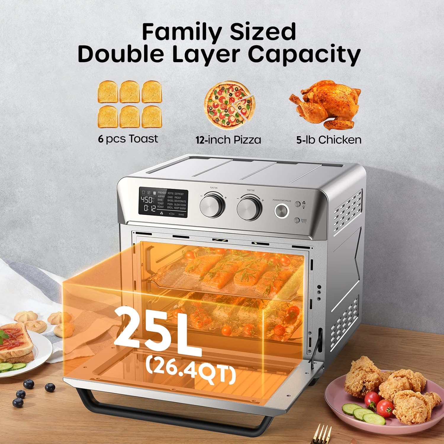 ECOWELL Air Fryer Toaster Oven Combo, 15-in-1 Airfryer Toaster Ovens Countertop, 26.4 QT Stainless Steel Air Fryers Convection Oven, for 360° Even & Healthy Cooking, Model: ECOKX01, Silver