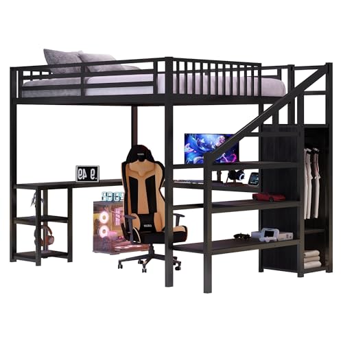 Full Size Loft Bed with Stairs and Storage, Metal Loft Bed Frame with Bedside Shelf and Large Under-Bed Space, Heavy-Duty Bed for Adults Teens and Kids, Black