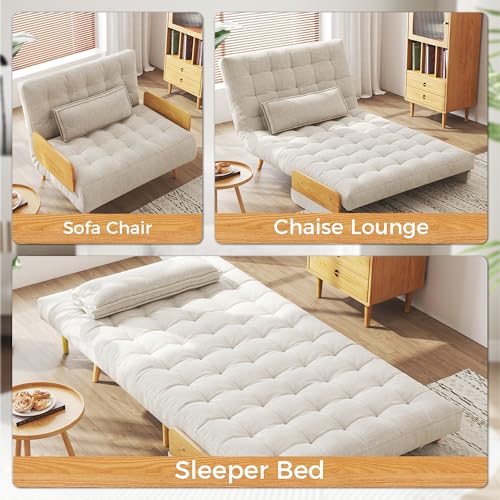 3-in-1 Convertible Chair Bed Sleeper for Adults, Linen Convertable Sleeper Chair with Wooden Arms & Pillows, Foldable Single Futon Sofa Bed (Mid Century with Walnut Arm, 36.6" Wide)