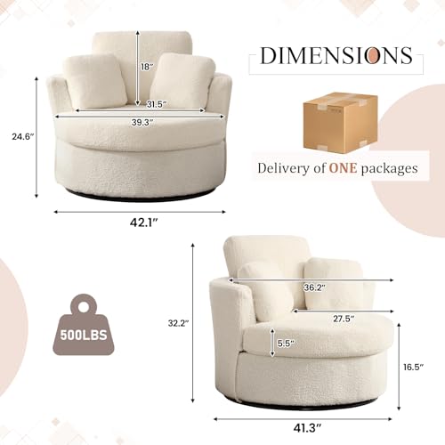 Chair and A Half with Ottoman, 360° Swivel Accent Barrel Chair Modern Comfy Round Reading Sofa Swivel Chairs Circle Lounge Chair for Bedroom Living Room w/4 Pillow Lower Seating Heigh (White, Large)