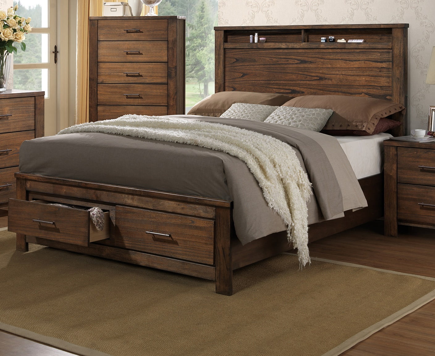 Natural Wood Finish Eastern King Size Bed Contemporary Oak Veneer Storage Drawers FB Shelf HB Bedframe Bedroom Furniture