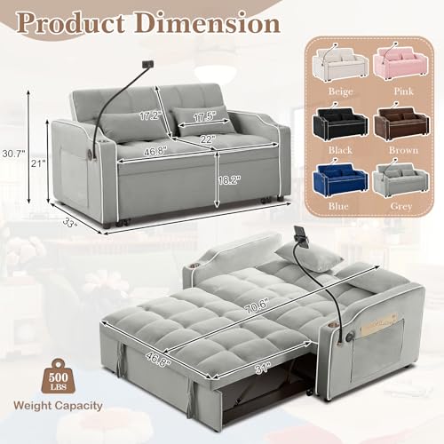 Convertible Sleeper Sofa Bed, 3 in 1 Velvet Pull Out Loveseat Couch Modern Comfy Futon Sofa with Adjustable Backrest & Phone Holder & USB Charging Space Saving for Living Room, Small Apartment, Grey