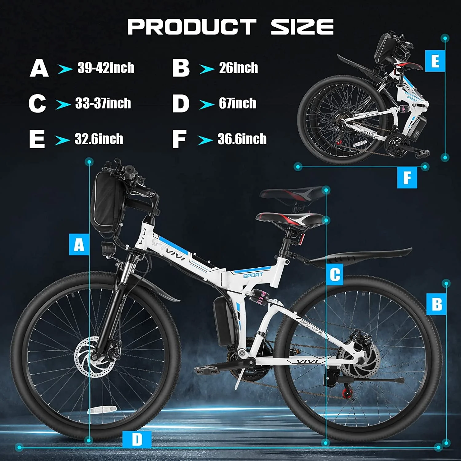 Vivi Electric Bike for Adults 26 Folding Electric Bike 500W Electric Mountain Bike 20MPH Full Suspension Electric Bike with Cruise Control Up to 50 Miles