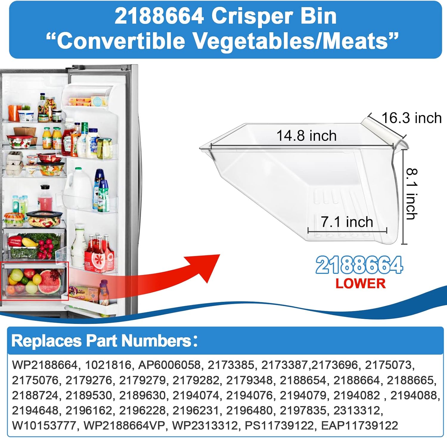 [2 Pack] Upgraded 2188656 Fridge Crisper Drawer UPPER Humidity Control Drawer & 2188664 Crisper Bin LOWER Refrigerator Drawer Replacement For Kenmore Whirlpool Fridge Drawer Parts WRS325FDAM04 Drawer