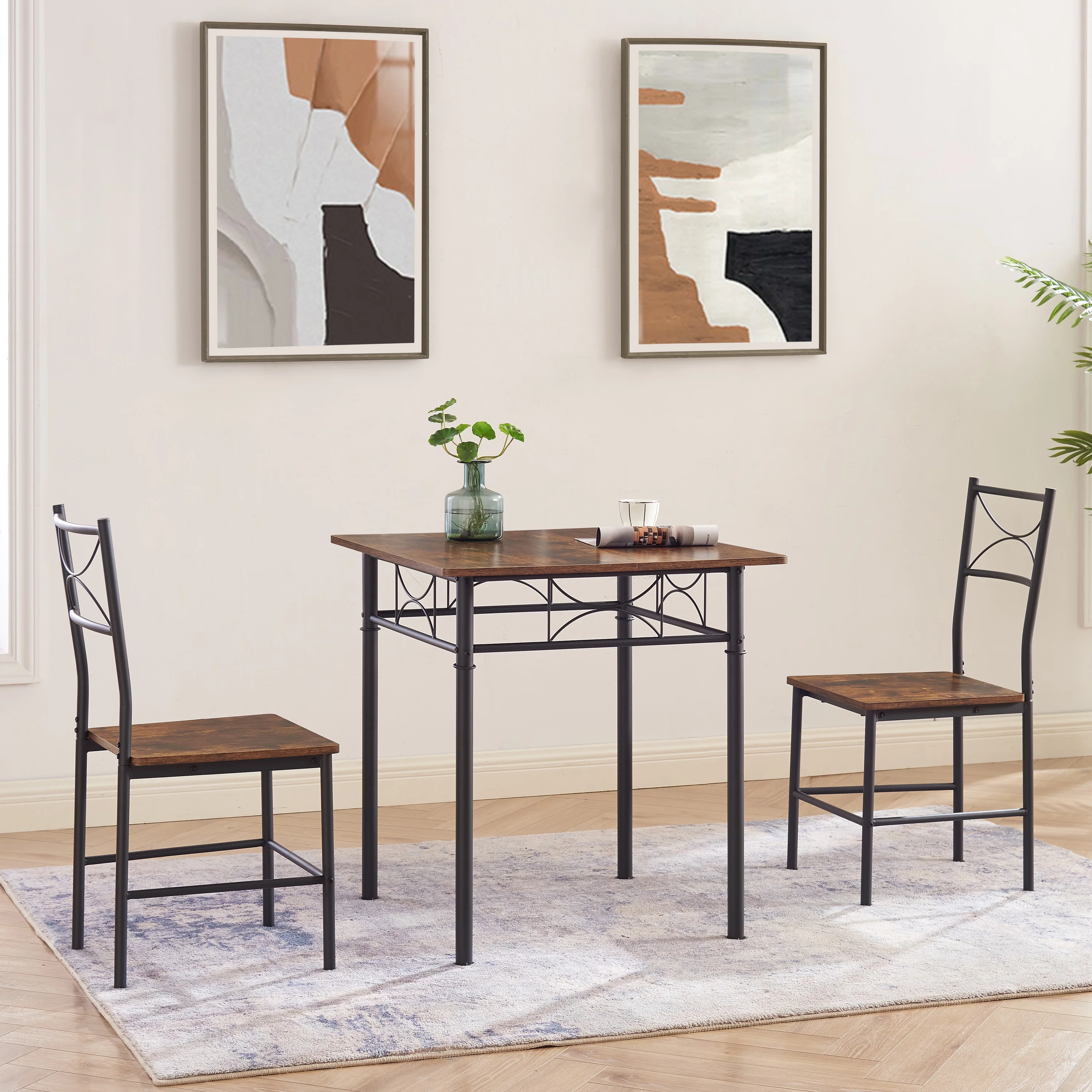 Dining Room Set for 2, Seizeen Kitchen Table Set with Chairs, Modern Metal Dining Set with Black Frame and Retro Brown Finish, Small Space Furniture for Apartment Home Kitchen Dining Room