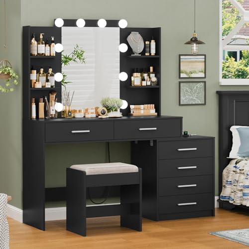 Quimoo Large Vanity Desk with LED Lighted Mirror & Power Outlet,Makeup Vanity Table with 7 Drawers,4 Shelves and 5 Hooks,Vanity Table, Vanity Desk Set for Bedroom,Bathroom,White