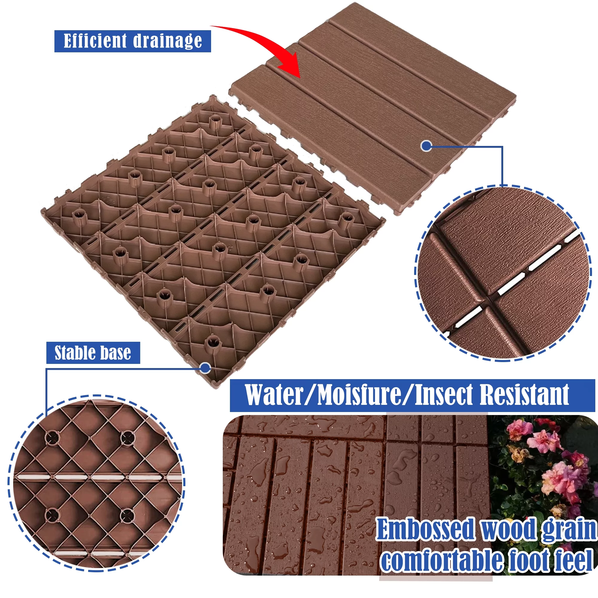 iRerts Patio Interlocking Deck Tiles, 44 Pack Plastic Patio Tiles, 12"x12" Square Waterproof Outdoor Flooring for All Weather Use, Garden Flooring Patio Tiles for Porch Balcony Backyard, Dark Brown