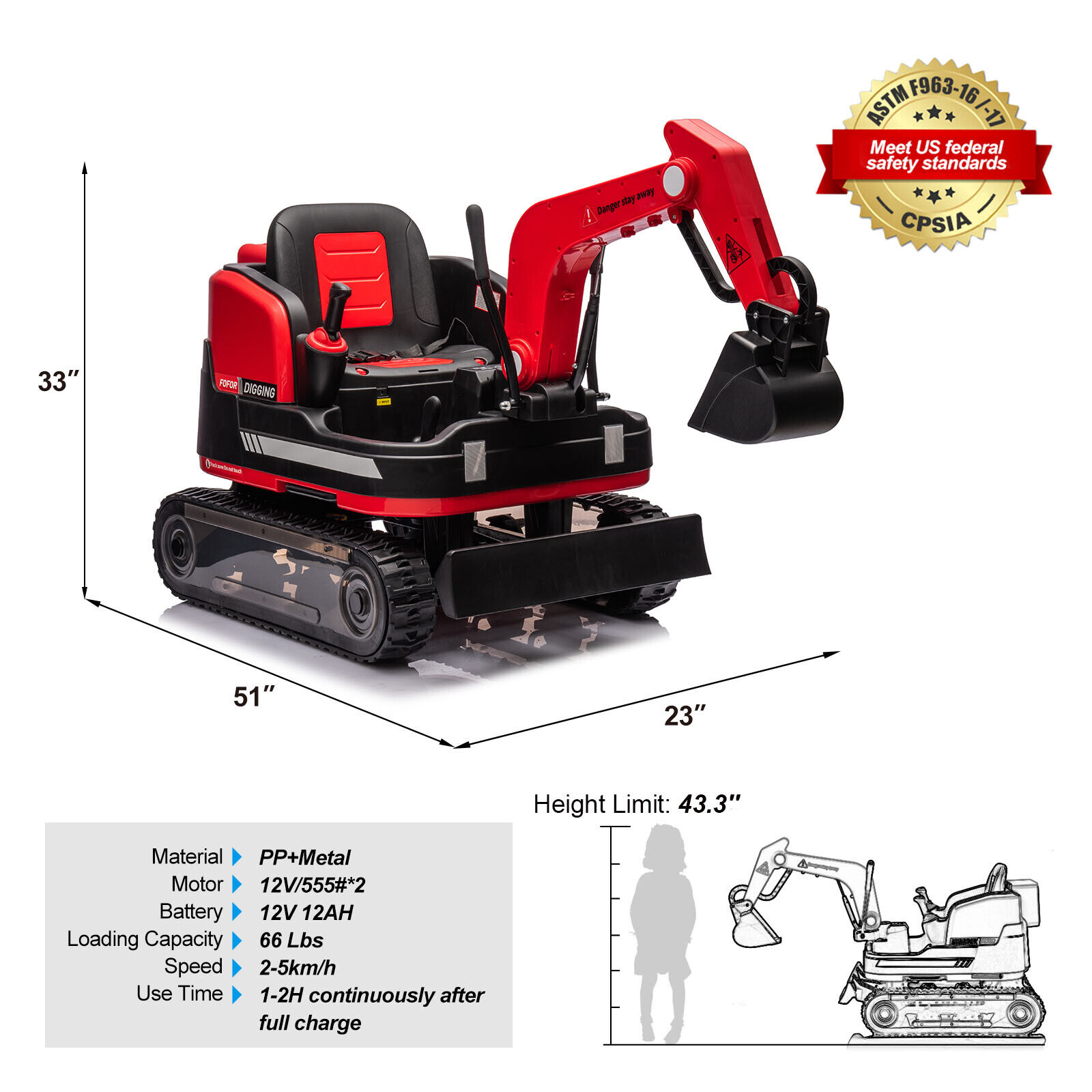 JOYLDIAS Kids 12V Electric 360 Degree Rotating Ride On Excavator and Bulldozer with Track Design Wheels, Remote Control, MP3, Toolbox (Red) - Curated Treasures Market
