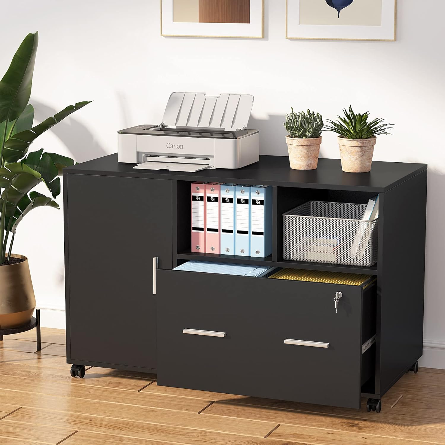 File Cabinet with Lock and Drawer, Mobile Lateral Filing Cabinet with Storage Shelves, Mobile Printer Stand with Rolling Wheels for Home Office, Black&White