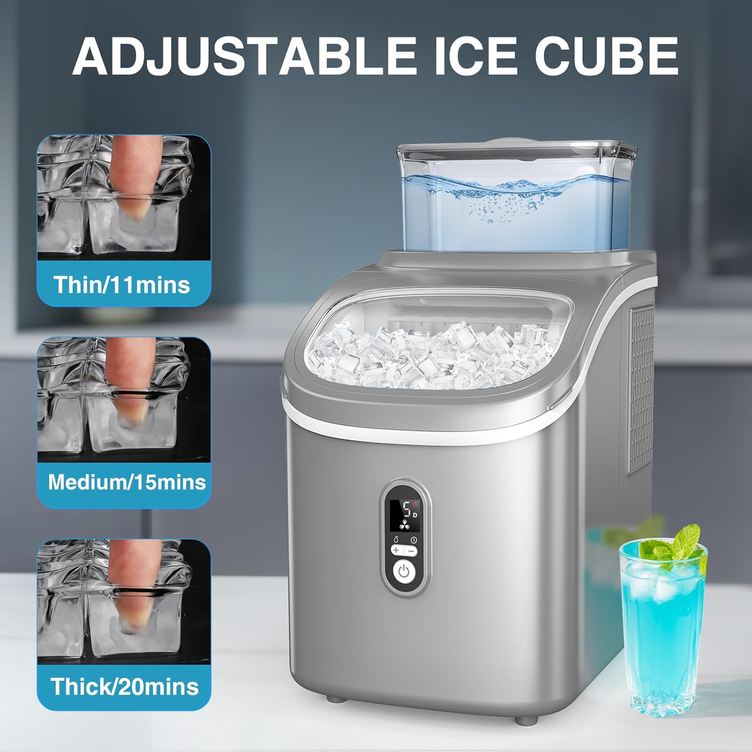 COWSAR Countertop Ice Maker, 30LBS/24H Portable Ice Machine with Top External Water Tank, Self-Cleaning Function, 16 pcs Ice Cube/13 Mins, Ice Scoop and Basket Perfect for Home, Party, Office, Gray