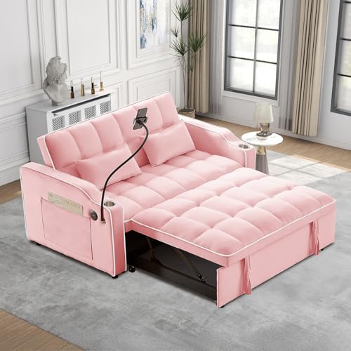 Convertible Sleeper Sofa Bed, 3 in 1 Velvet Pull Out Loveseat Couch Modern Comfy Futon Sofa with Adjustable Backrest & Phone Holder & USB Charging Space Saving for Living Room, Small Apartment, Grey