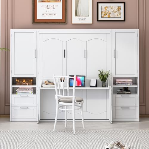 Merax Queen Size Murphy Bed with Desk, Space-Saving Wall Bed Frame with Closet, Drawers and Shelves, Foldable Platform Bed for Small Spaces Studio Study Office Guest Room, Gray