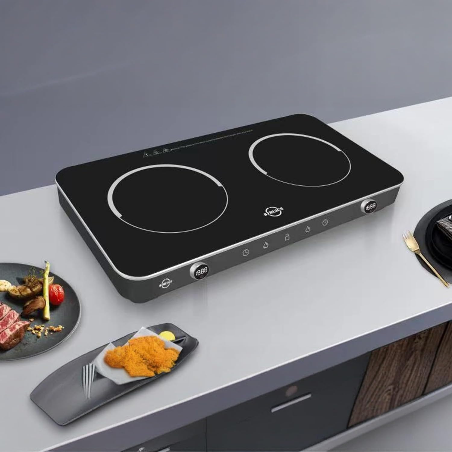 Double Induction Cooktop, 1800W Sensor Touch Electric Cooker Hot Plate, 6.7" Heating Coil,8 Power 8 Temperature Setting Countertop Burner with Timer-Proof Ceramic Glass Surface