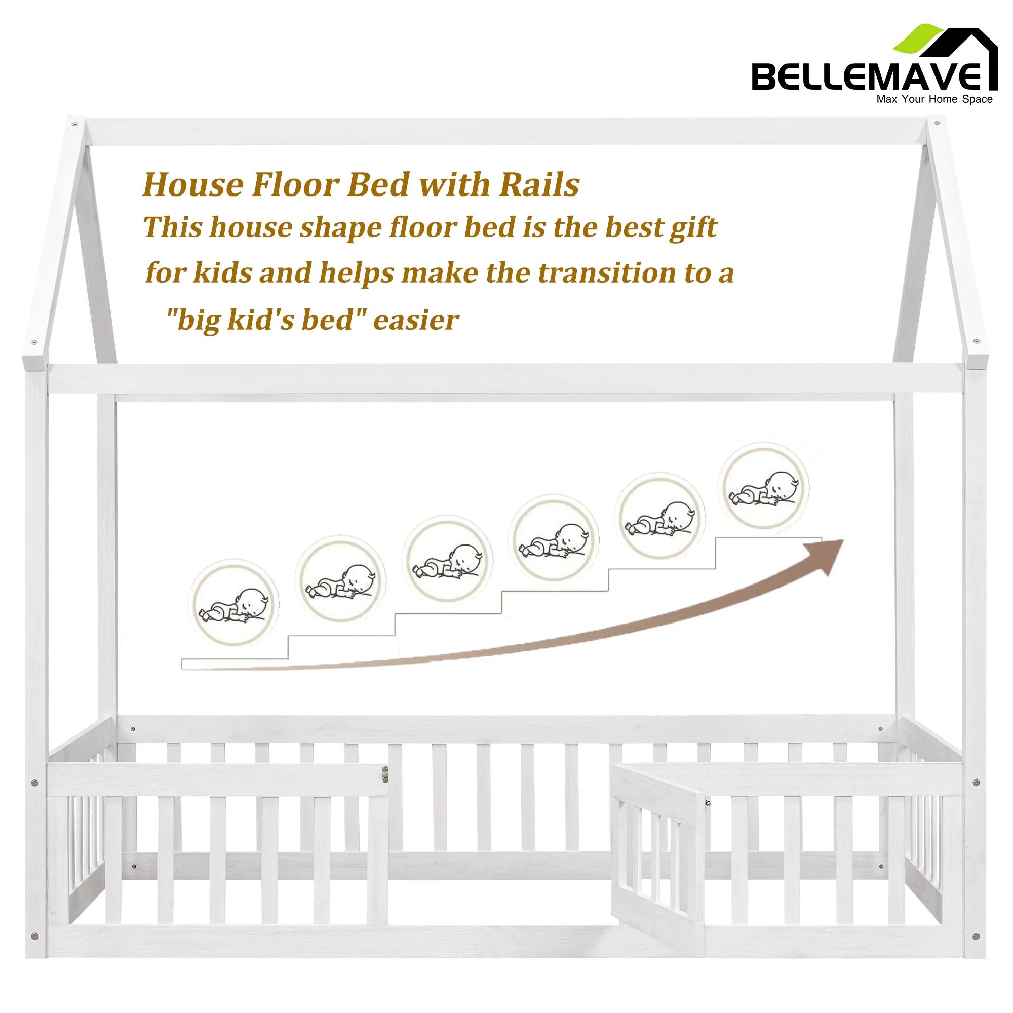 Montessori Bed/Twin House Floor Bed for Toddlers, Kids Girls, Boys,Montessori Floor Bed with Rails and Door,Toddler House Bed(White)
