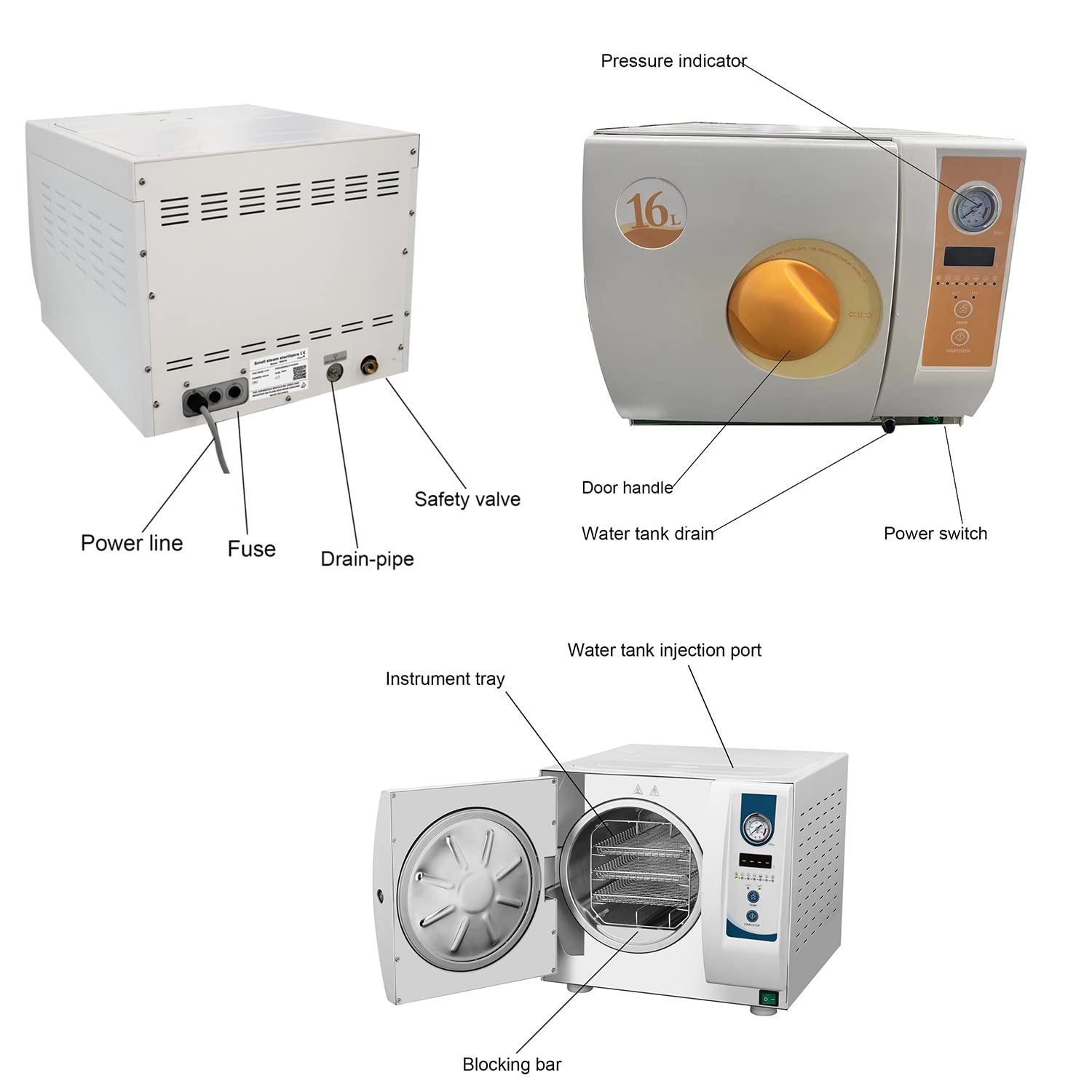 1800W Digital Display Autoclave N Standard 16L with Water Tank Small Lab Steam Sterilization Autoclave