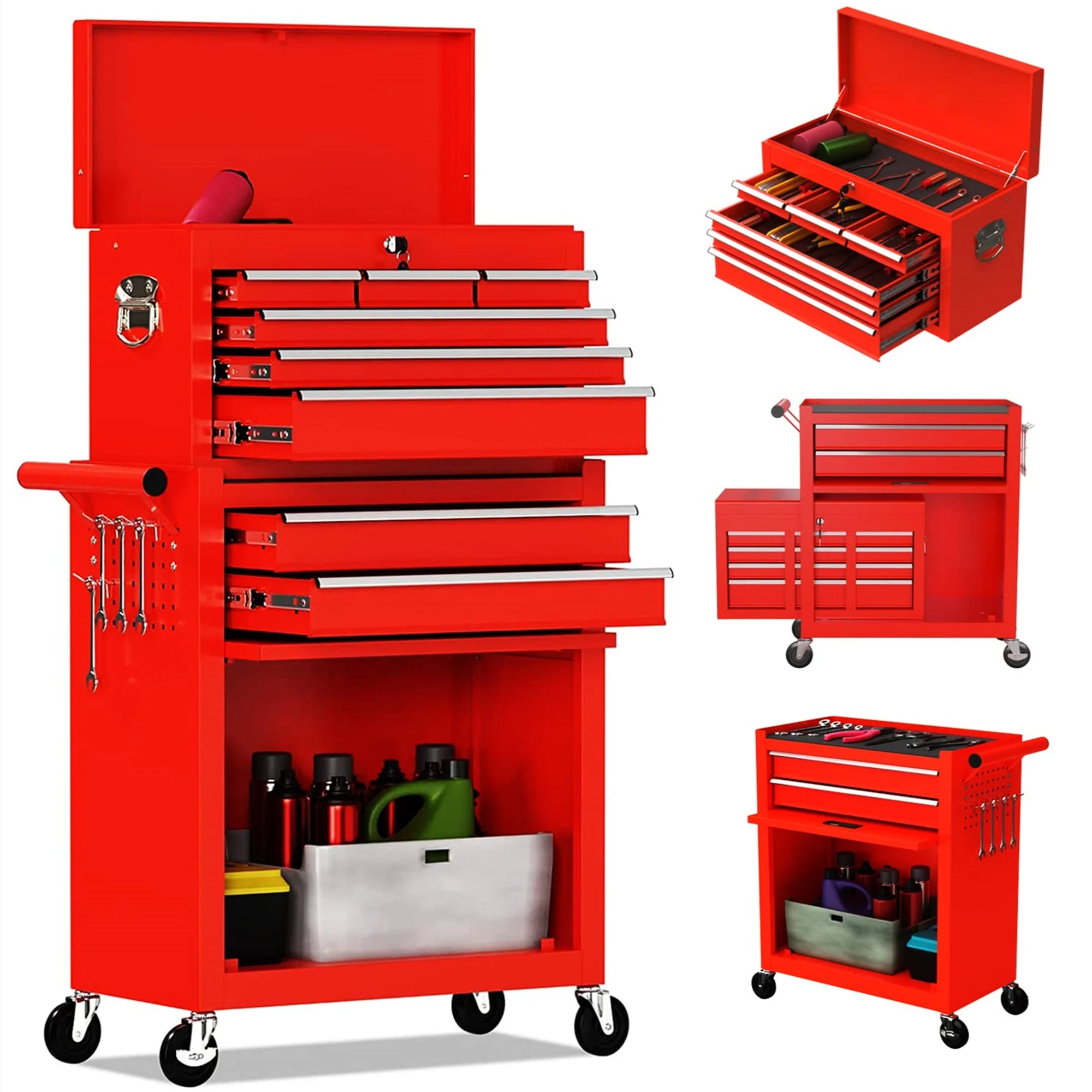 Aukfa Tool Chest, 2 in 1 Steel Rolling Tool Box & Cabinet On Wheels for Garage, 8-Drawer, Blue