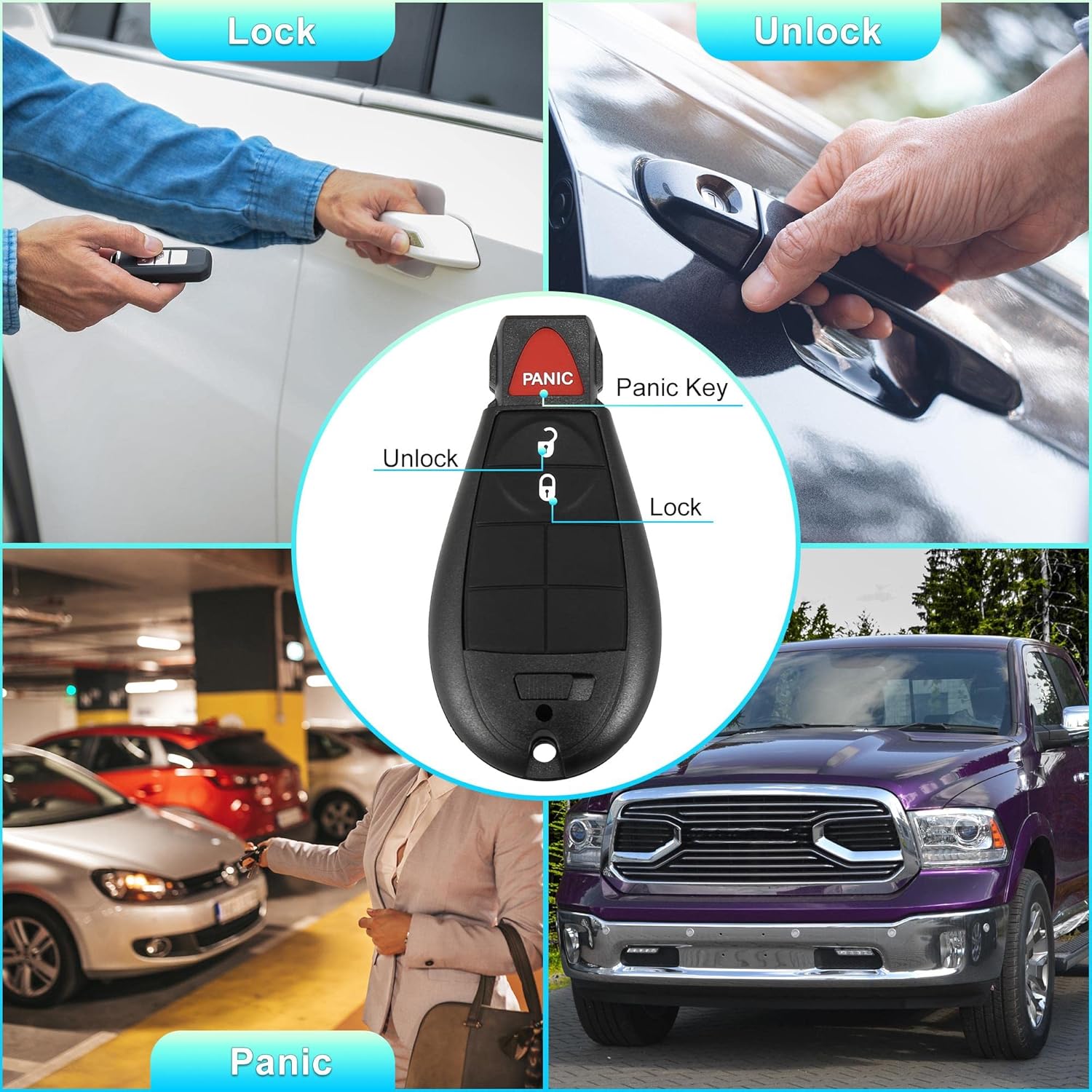 X AUTOHAUX Replacement Keyless Entry Remote Car Key Fob GQ4-53T 433Mhz for Dodge for Ram 1500 2500 3500 2013-2018 3 Buttons with Door Key 56046953