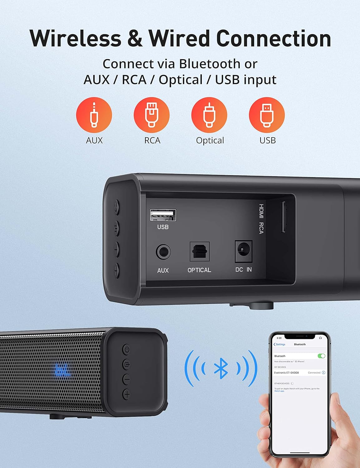 Sound bar for TV, Evatronic 50W TV Soundbar TV Speaker, Bluetooth 5.0 Wired & Wireless Three Equalizer Mode Stereo 31-inch Home Audio Sound bar Optical/Aux/RCA Connection, Remote Control