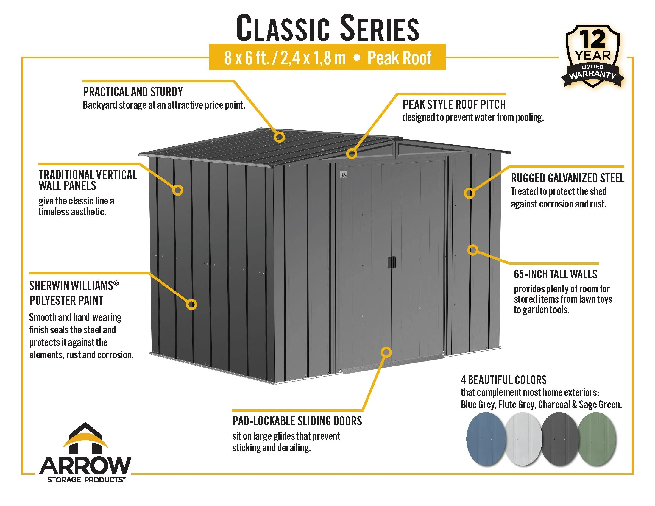 Arrow Classic Steel Storage Shed, 8 ft. x 6 ft., Blue Grey