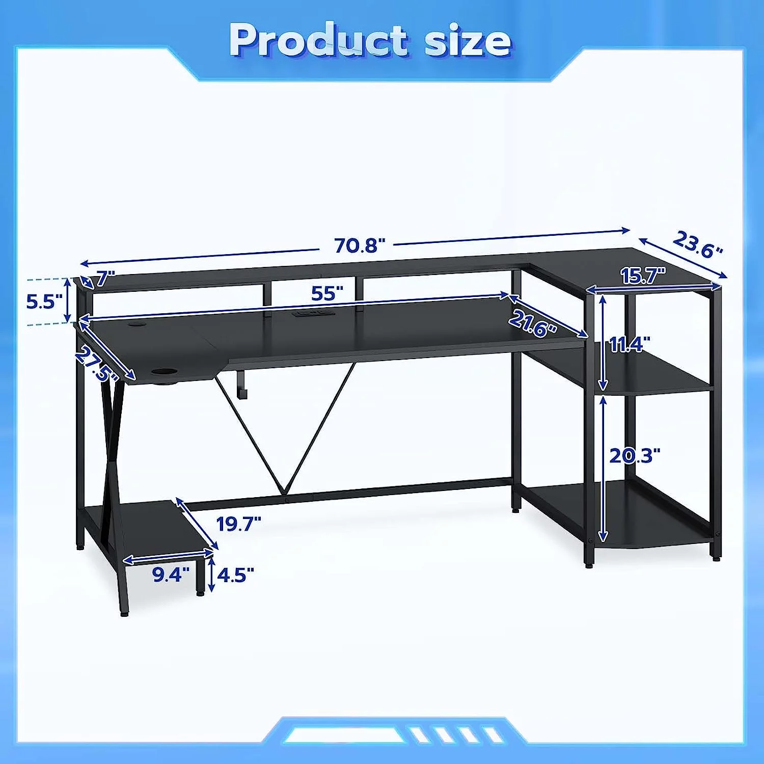 70.8'' Computer Desk with LED Lights and Storage Shelves, Gaming Desk with Monitor Stand, Power Outlets and Cup Holder, Large PC Gamer Desk Gaming Table for Bedroom, Living Room, Black