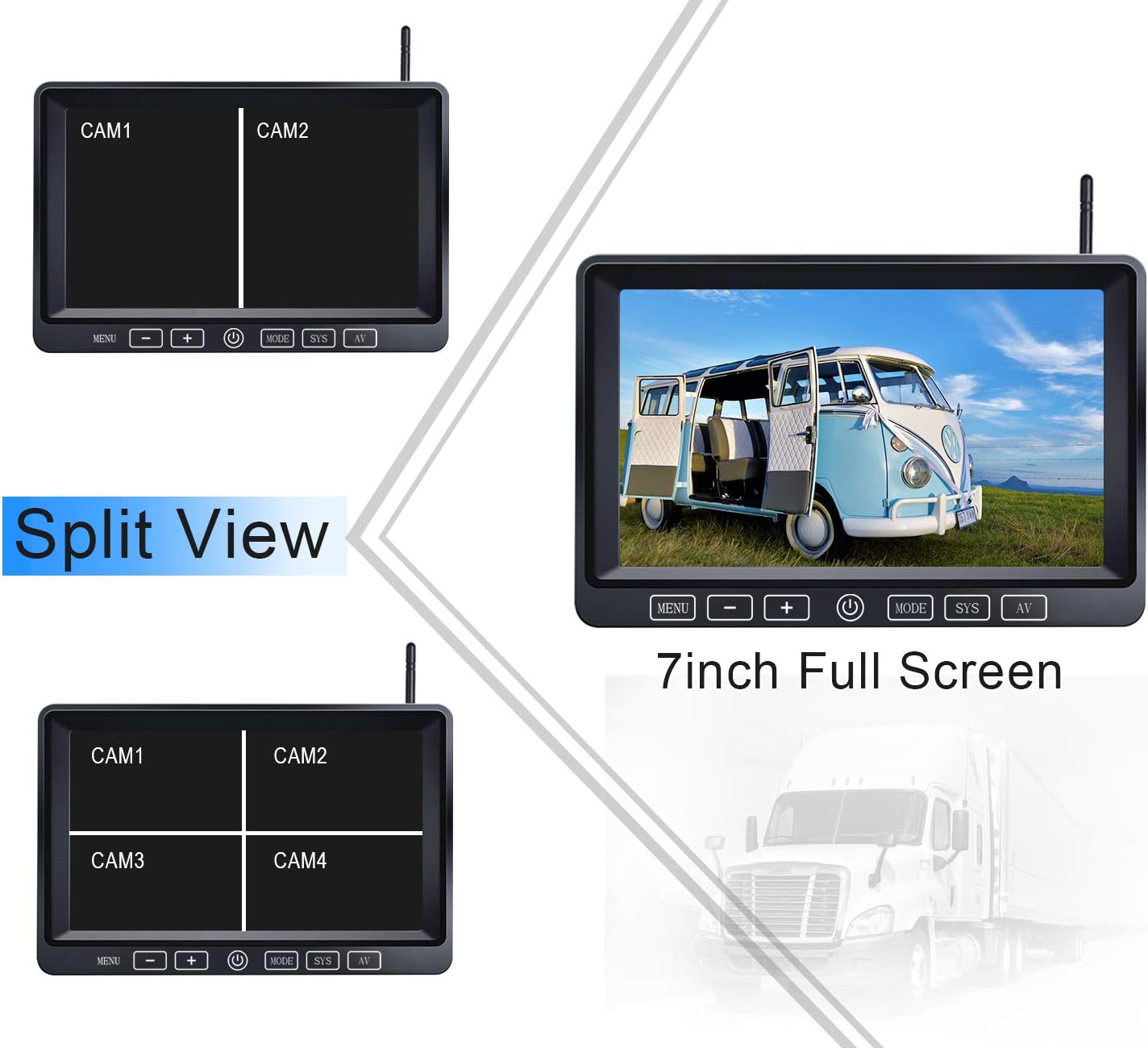 ZEROXCLUB Wireless Backup Camera with 7 Inch DVR Quad Split Monitor for RV Trailer Truck, Digital Signal HD 1080P Wireless Rear Side View 3 Cameras Back Up System w/Recording 18 IR Night Vision-B3C