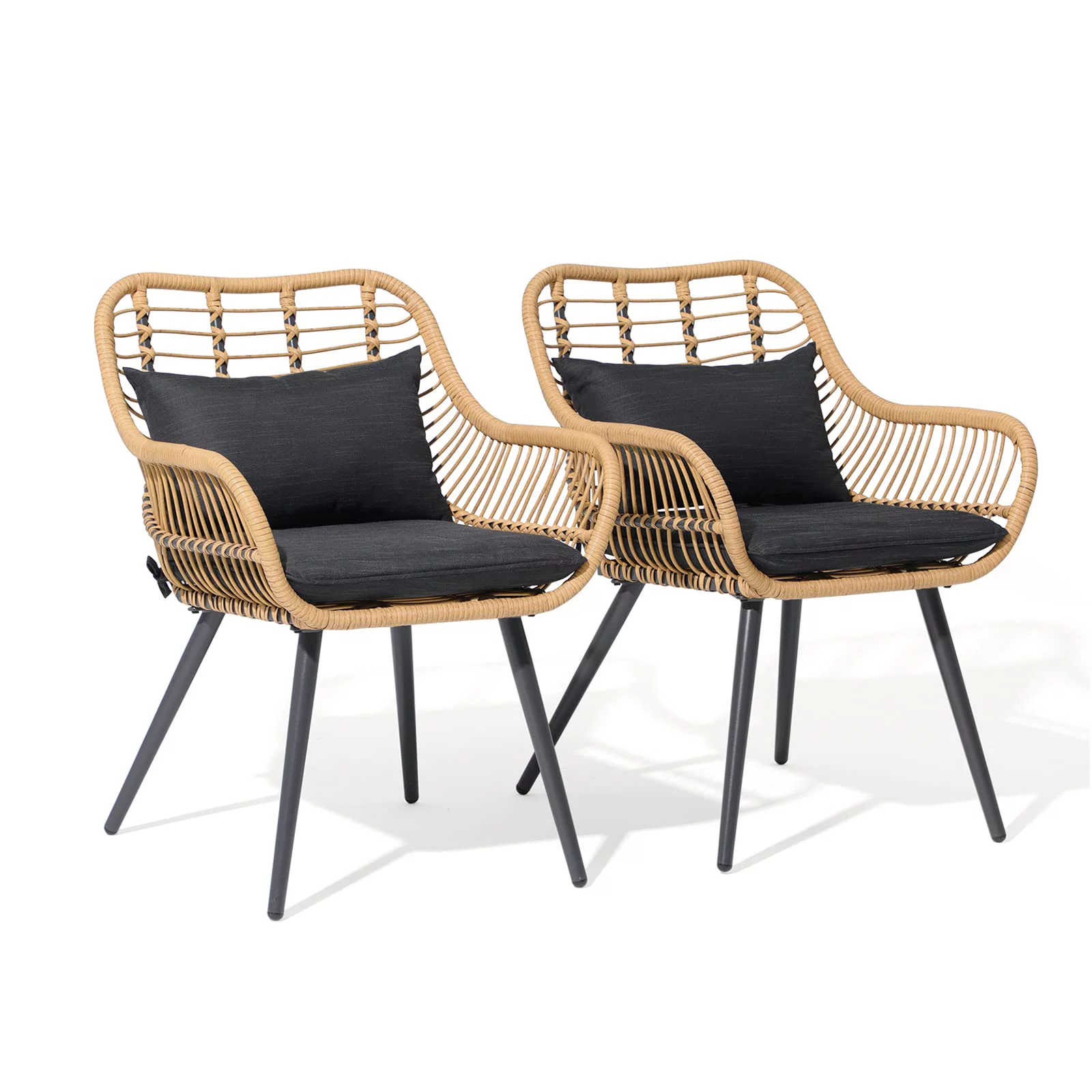 JOIVI Outdoor Wicker Chairs Set of 2, Patio Dining Chairs with Cushions, All-weather Rattan Porch Chairs with Armrest for Outside Lawn, Balcony, Garden, Black