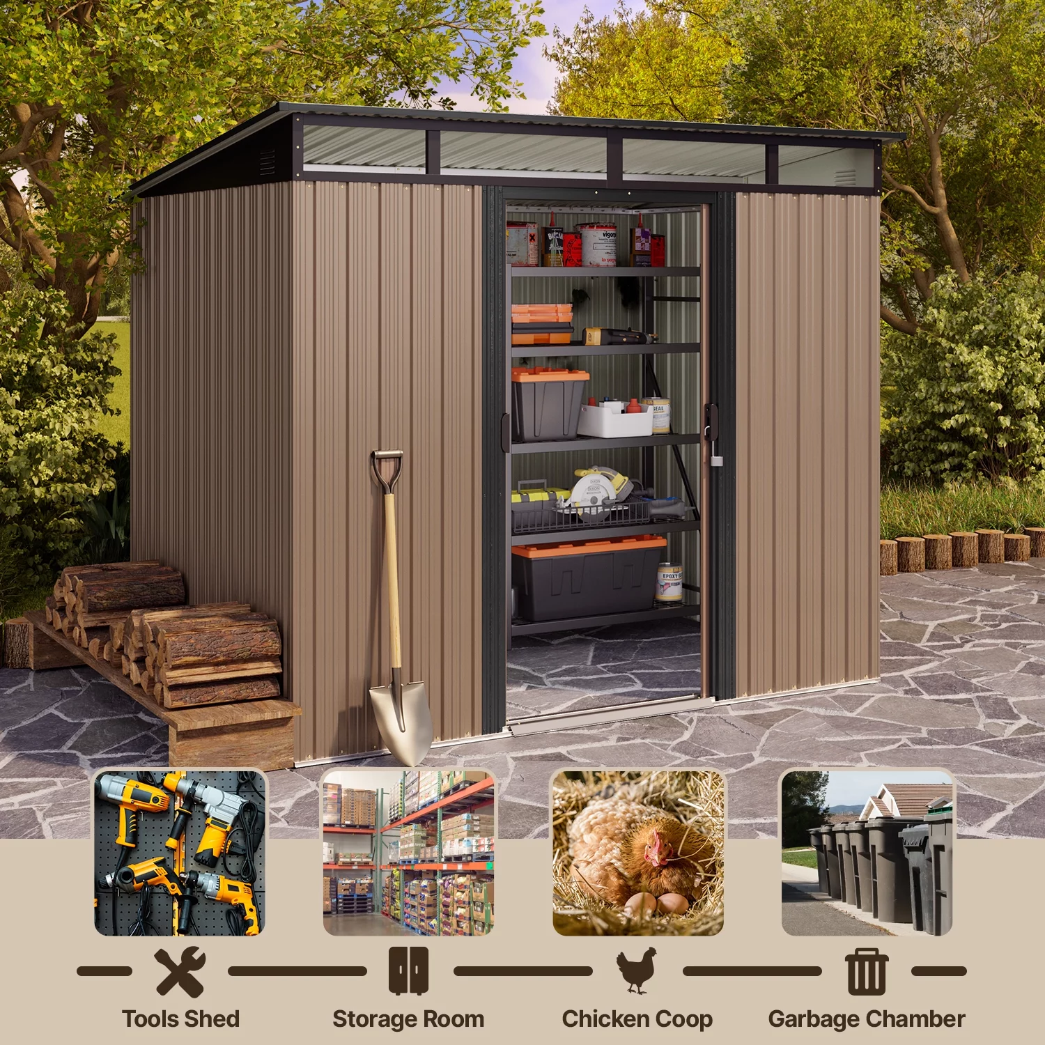 8'x6' Metel Shed, Lofka Outdoor Storage Shed,w/ Sliding Doors, Light Brown