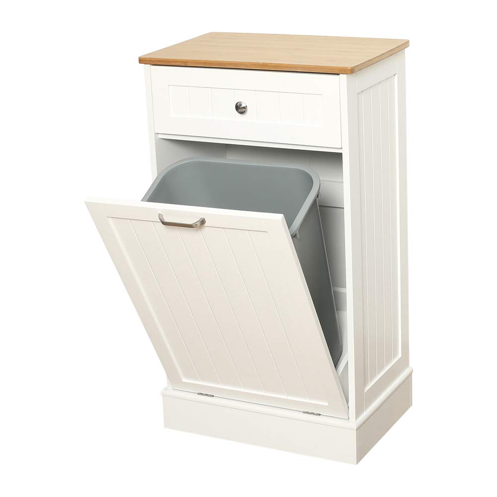 ONG Tilt-Out Trash Bin Can Cabinet, Solid Wood & Removable Bamboo Cutting Board， Hideaway Trash Holder   for Trash Disposal , Recycle (White)