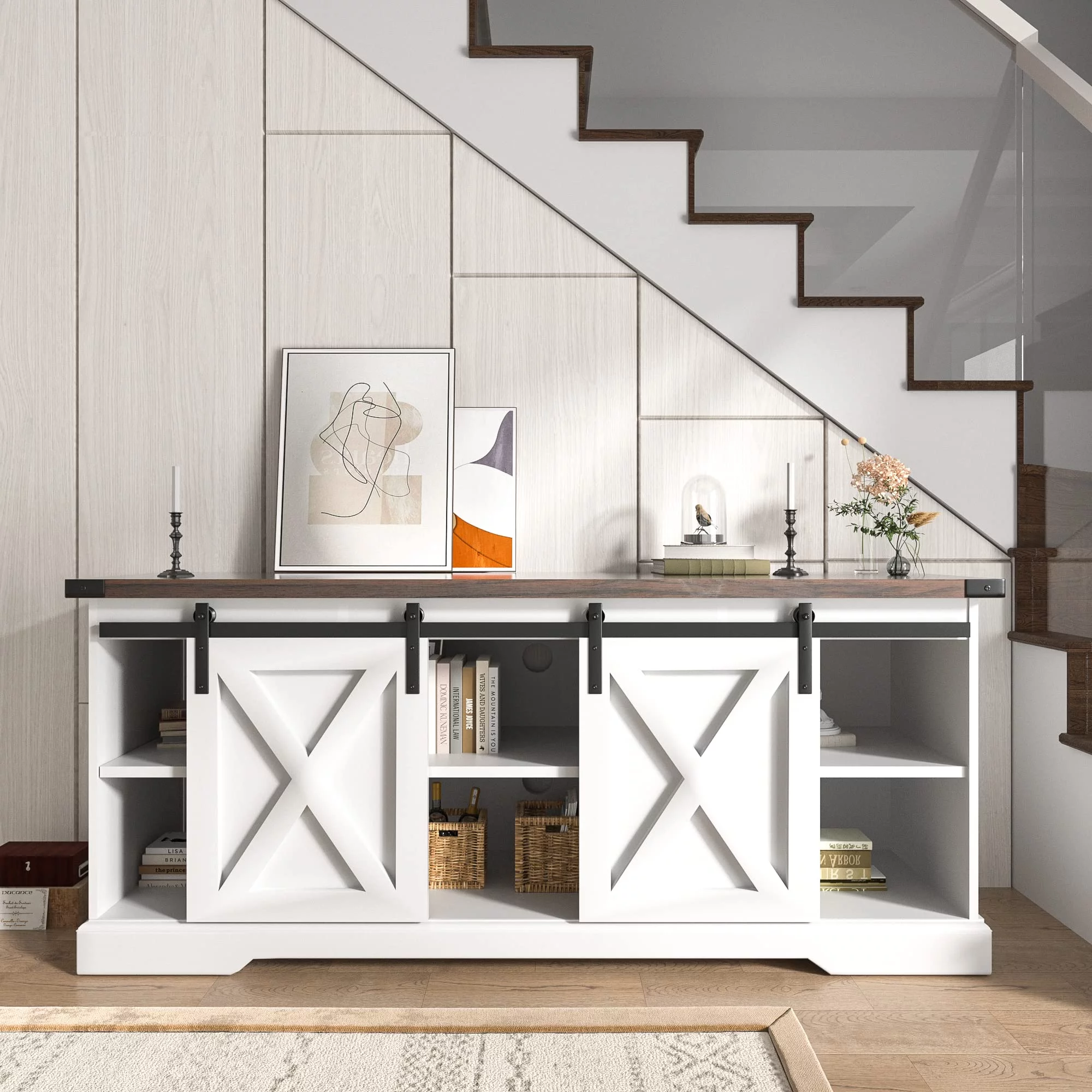 Chvans Farmhouse Barn Door TV Stand for up to 65 TVs /23 Electric Fireplace, Entertainment Center Console Table with Adjustable Shevles(58)