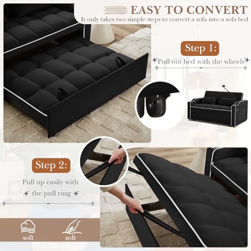 Convertible Sleeper Sofa Bed, 3 in 1 Velvet Pull Out Loveseat Couch Modern Comfy Futon Sofa with Adjustable Backrest & Phone Holder & USB Charging Space Saving for Living Room, Small Apartment, Grey