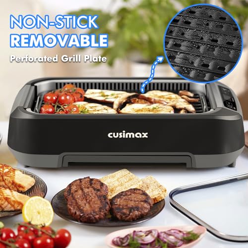 CUSIMAX Smokeless Indoor Grill, 1500W Korean BBQ Grill with Lid， Non-stick Removable Grill Plate, Turbo Smoke Extractor