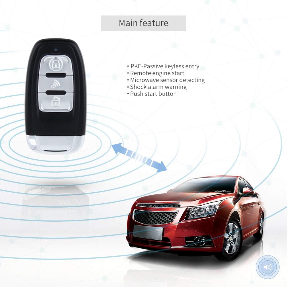EASYGUARD EC010-MS PKE car Alarm Passive keyless Entry with Push Button Start & Remote Starter, Microwave Sensor Shock Alarm Warning DC12V