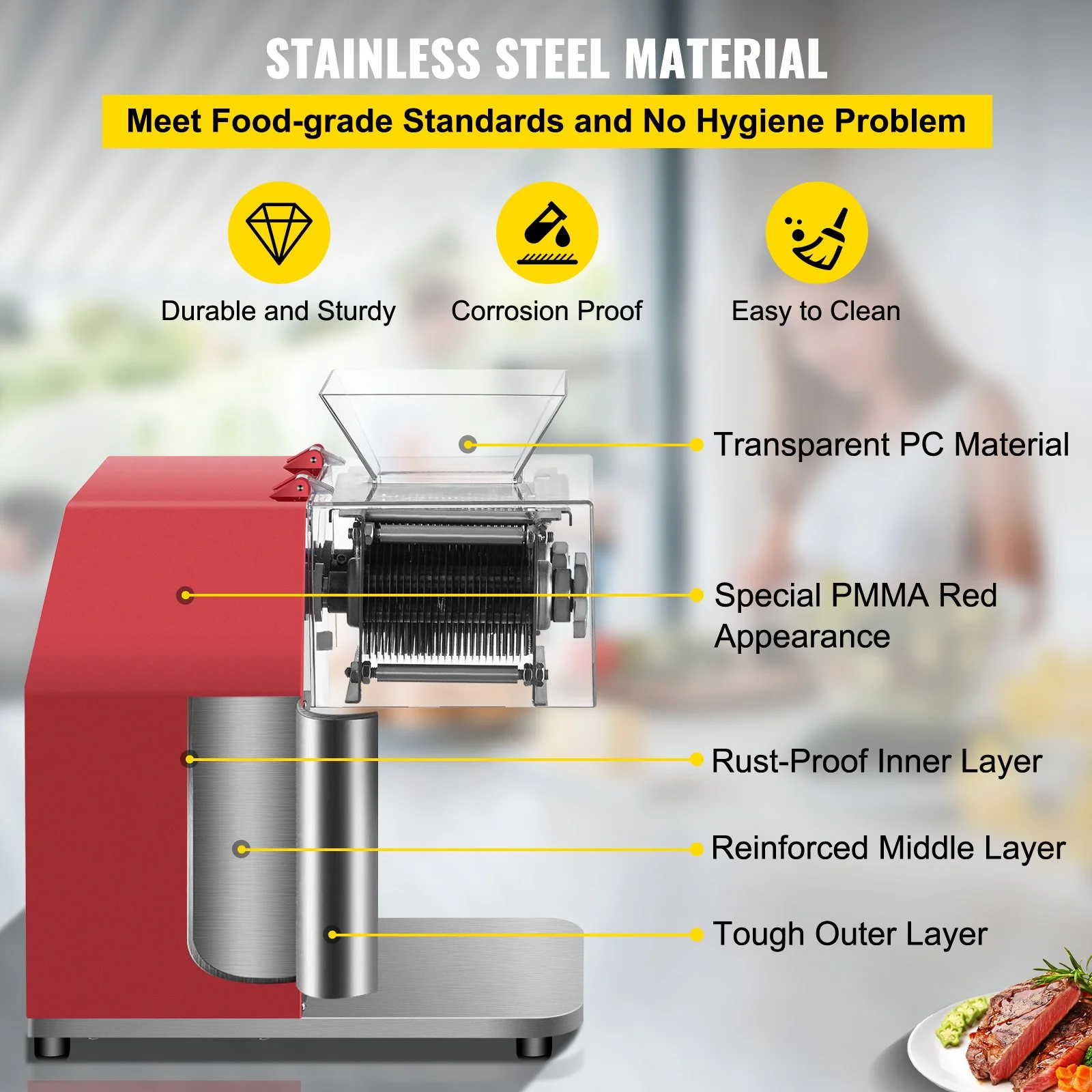 VEVOR 850W Commercial Meat Cutter, 551 Lbs/H Capacity with 3.5mm Blade, Electric Stainless Steel Food Cutter for Lamb, Beef, Chicken - Ideal for Kitchens & Supermarkets, Red
