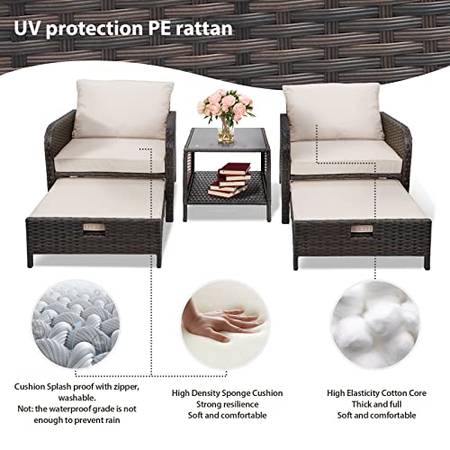 LEVELEVE Balcony Furniture 5 Piece Patio Conversation Set, PE Wicker Rattan Outdoor Lounge Chairs with Soft Cushions 2 Ottoman&Glass Table for Porch, Lawn-Brown Wicker