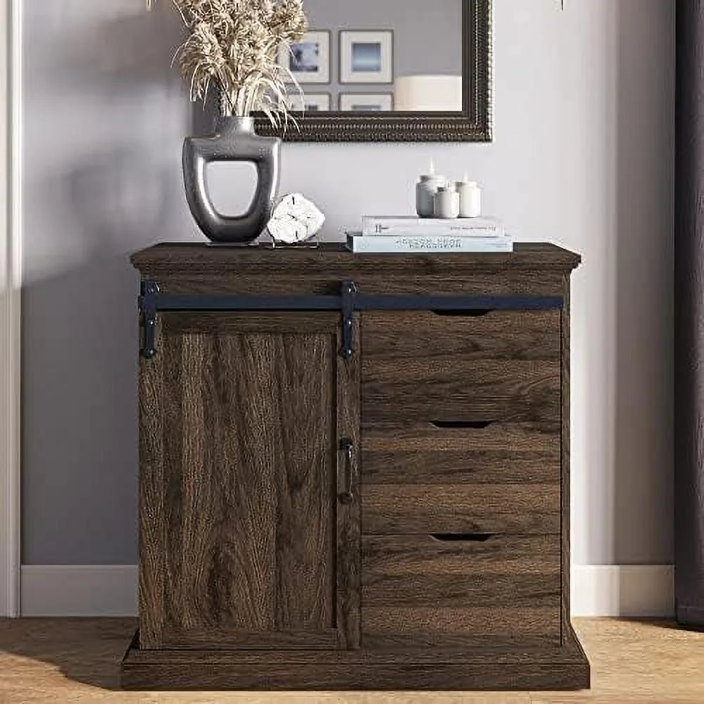 JDZHAPPYLIFE Sideboard Buffet Cabinet with  Console Table Coffee   Cabinet with 1 Sliding Barn Door and 3 Drawers for Living Room Kitchen Dinning Room  Dark Walnut-31.5" L x15.7 Wx31. - Curated Treasures Market
