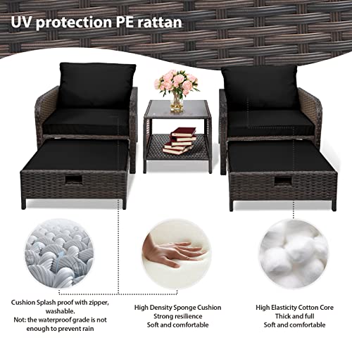 LEVELEVE Balcony Furniture 5 Piece Patio Conversation Set, PE Wicker Rattan Outdoor Lounge Chairs with Soft Cushions 2 Ottoman&Glass Table for Porch, Lawn-Brown Wicker